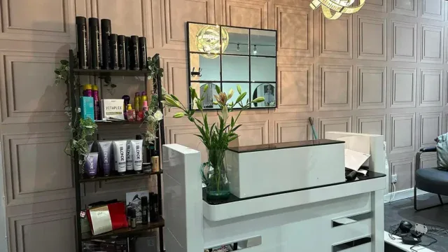 Elegant salon reception with a white counter, decorative wall panels, and a shelf showcasing hair care products.