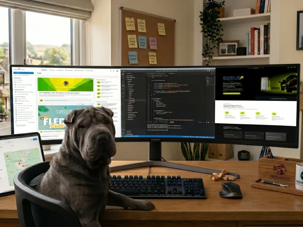 Dog sitting at a desk with multiple computer screens displaying website and coding content.