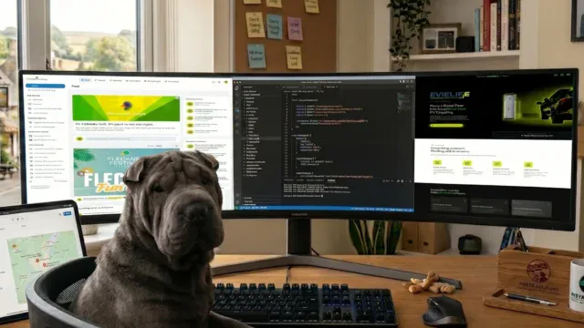 Dog sitting at a desk with multiple computer screens displaying website and coding content.